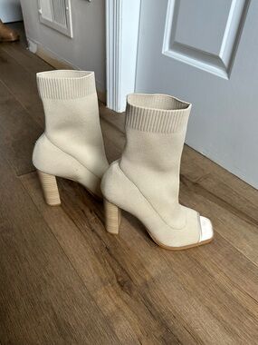 Beige Knit Sock Booties with Open Toe